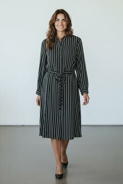 JDY Women's Striped Long Sleeve Shirt Dress US 4 Collared Black White Tie Waist